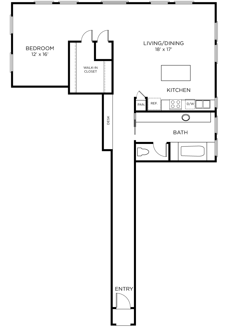 Plan A12 - 1 Bedroom, 1 Bath Floor Plan