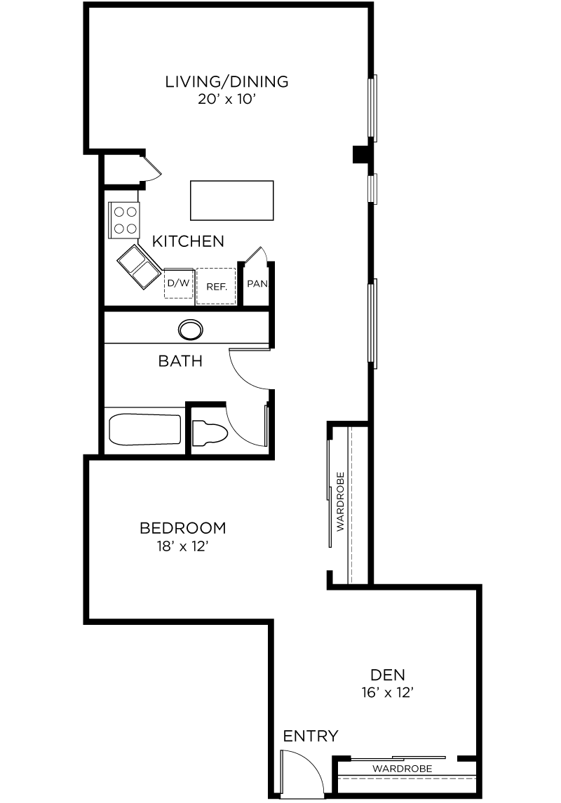 Plan A13 - 1 Bedroom + Den, 1 Bath Floor Plan