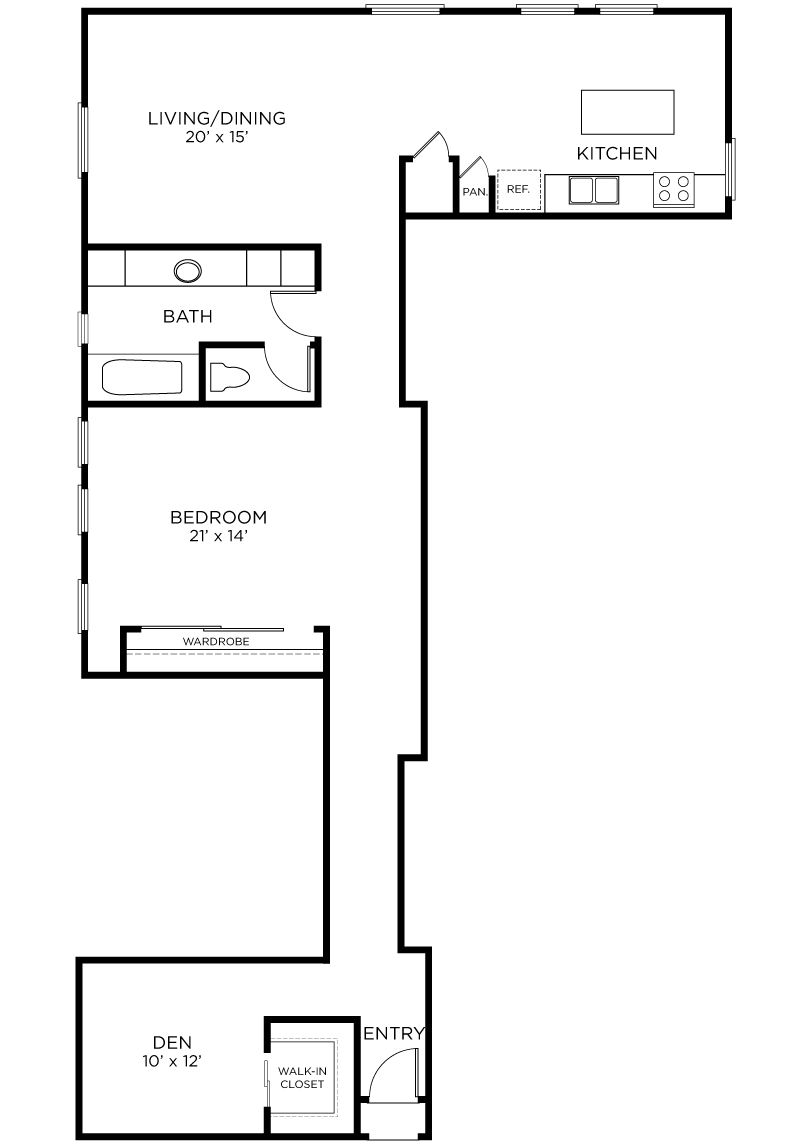 Plan A14 - 1 Bedroom + Den, 1 Bath Floor Plan