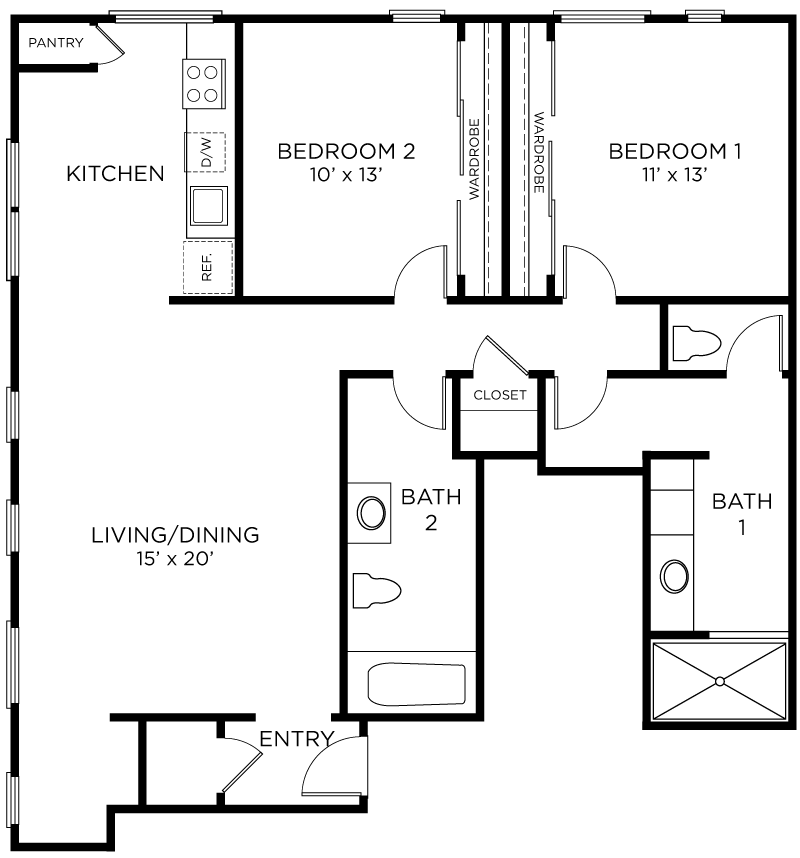Plan B1 - 2 Bedroom, 2 Bath Floor Plan